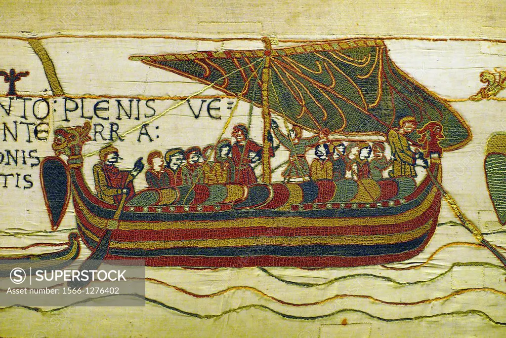 France-Normandie-Calvados-Bayeux- Bayeux Tapestry: Normen on the way to England. The Bayeux Tapestry , is an embroidered clothnot an actual tapestry...
