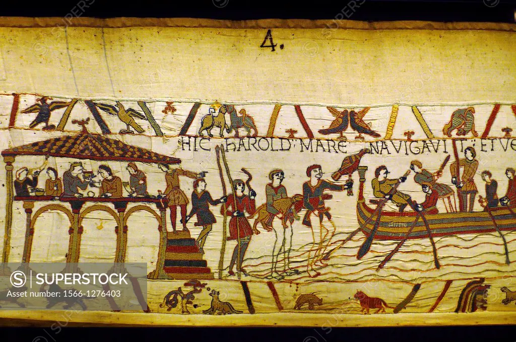 France-Normandie-Calvados-Bayeux-Bayeux Tapestry: The Normen embarquing to England. The Bayeux Tapestry is an embroidered clothnot an actual tapestry...