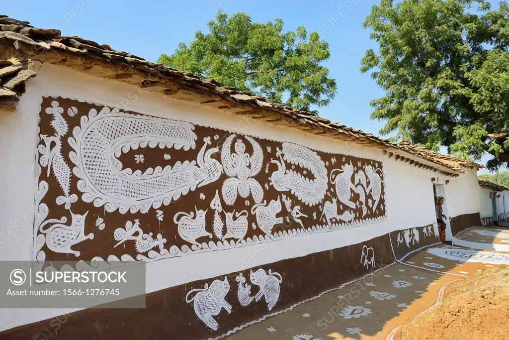 India, Rajasthan, Tonk region, Mandana floor and wall paintings.