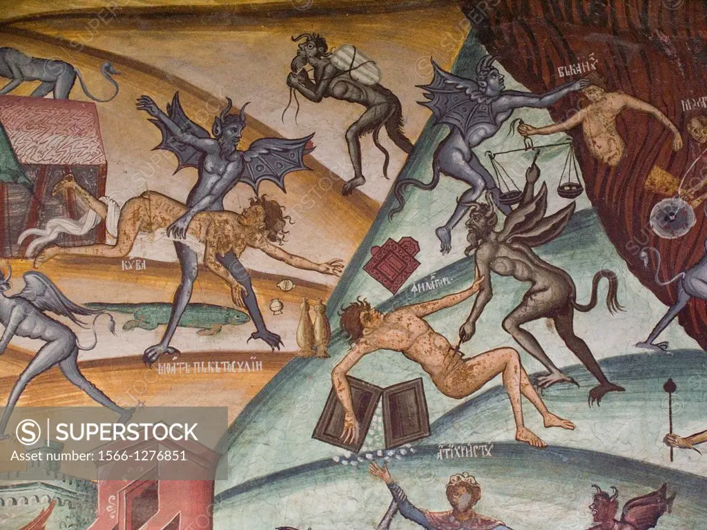 europe, romania, walachia, horezu monastery, fresco, doomsday, hell.
