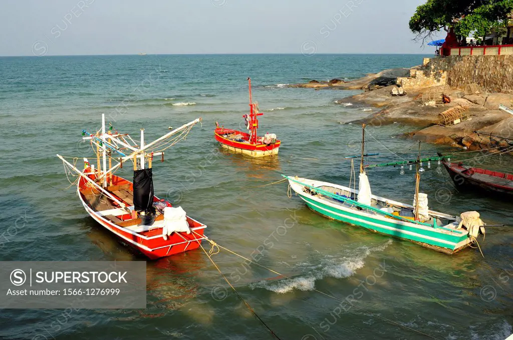 fishing boats floating at high tide, Hua Hin, Prachuap Khiri Khan Province, Thailand