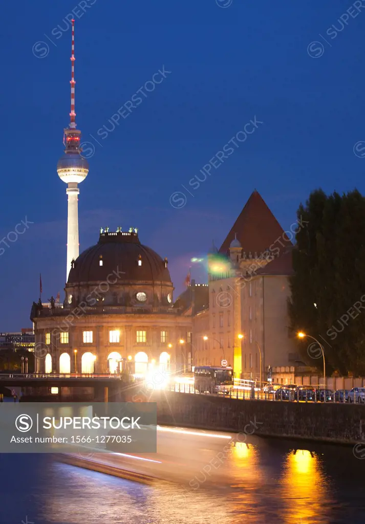 Spree River, Bode Museum, Museum Island, Museumsinsel, on background Television Tower, Berlin, Germany, Europe.