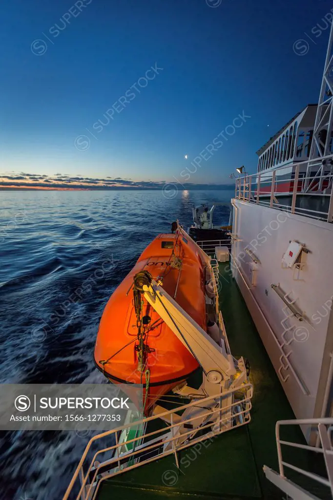 Life Boat on cruise ship, Greenland. The Akademik Sergey Vavilov-Russian research vessel built in 1988 currently used as a cruise ship.