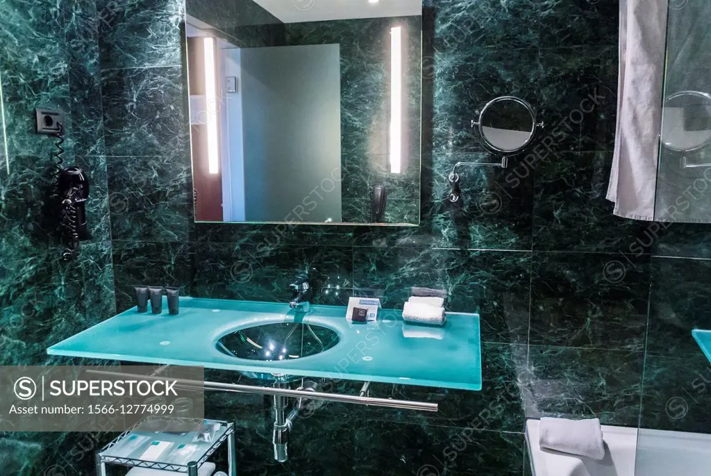 Barcelona, Spain, Luxury Hotel, AC Marriott Forum. Interior Modern Bathroom.