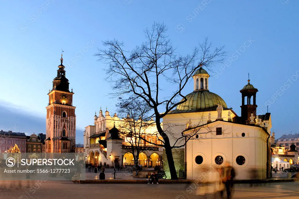 St. Adalbert´s Church, Cloth Hall and Tower of the former City Hall on Main market square, Krakow, Poland, Central Europe