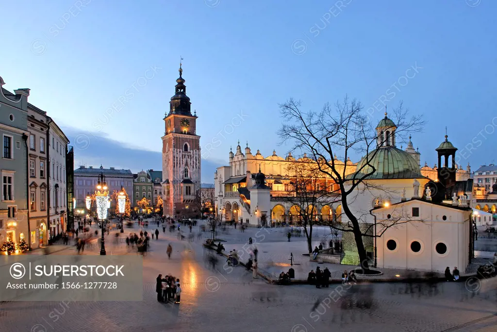 St. Adalbert´s Church, Cloth Hall and Tower of the former City Hall on Main market square, Krakow, Poland, Central Europe