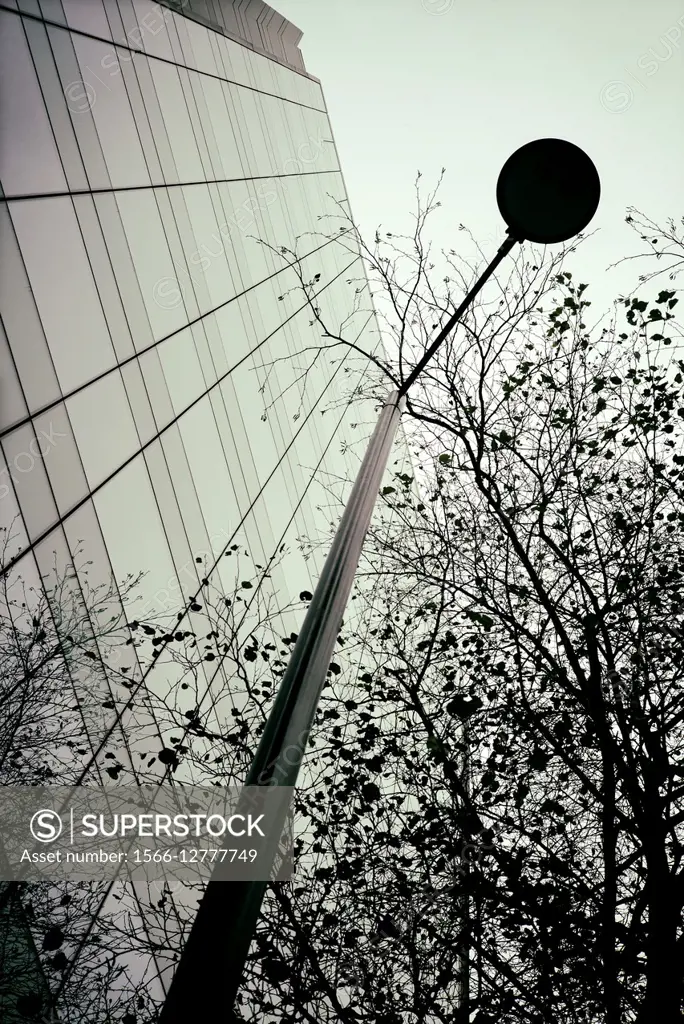 Closeup of a lamppost and a tree with a modern architecture office building in the background. Barbican, London, England, UK, Europe.