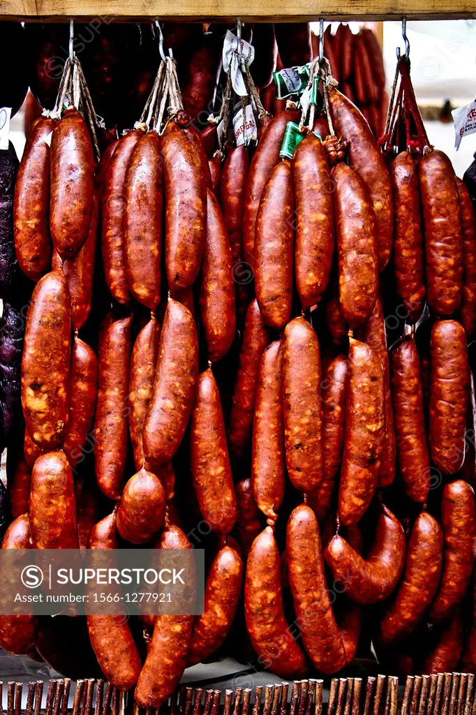 Chorizos typical pork sausages in a Market, Gijon, Asturias, Spain