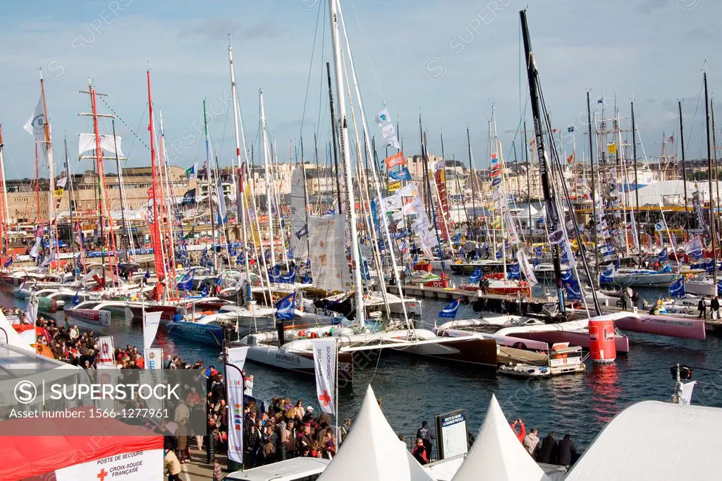 France, Brittany, Ille et Vilaine. The 2010 edition of the Route du Rhum race. The boats in the harbor of Saint Malo.