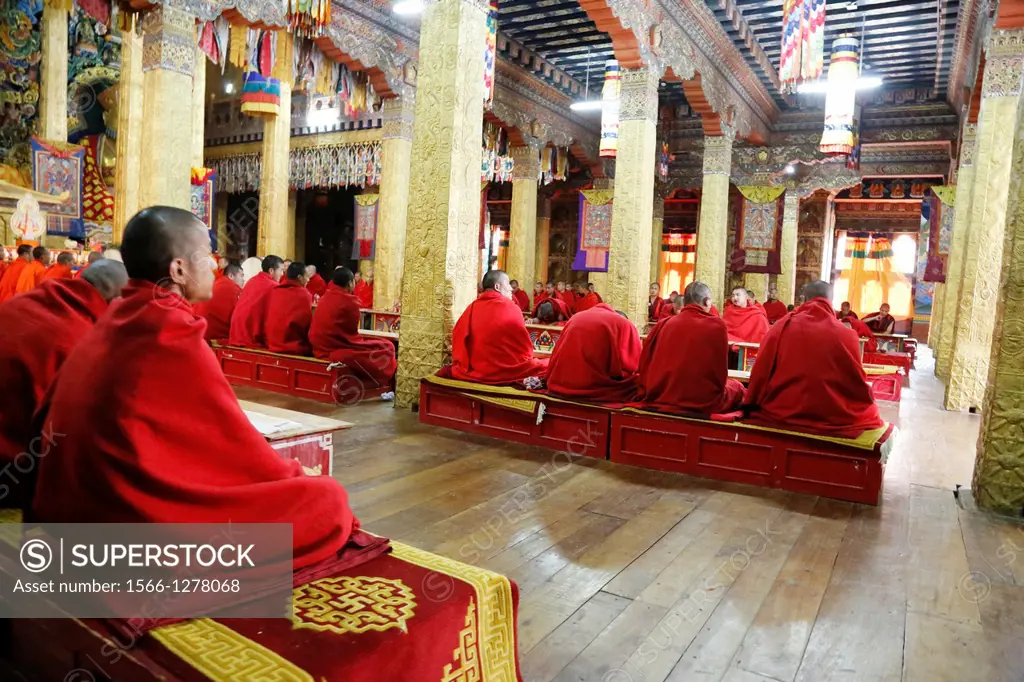 Bhutan (kingdom of), City of Punakha, the dzong built in 1637 by the Shabdrung Namgyel at the confluence of rivers Pho and Mo, inside the temple, monk...