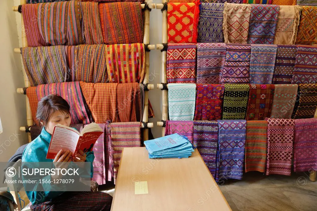 Bhutan (kingdom of), City of Thimphu,the Handycraft emporium selling traditional artifacts, kiras (women dresses) for sale