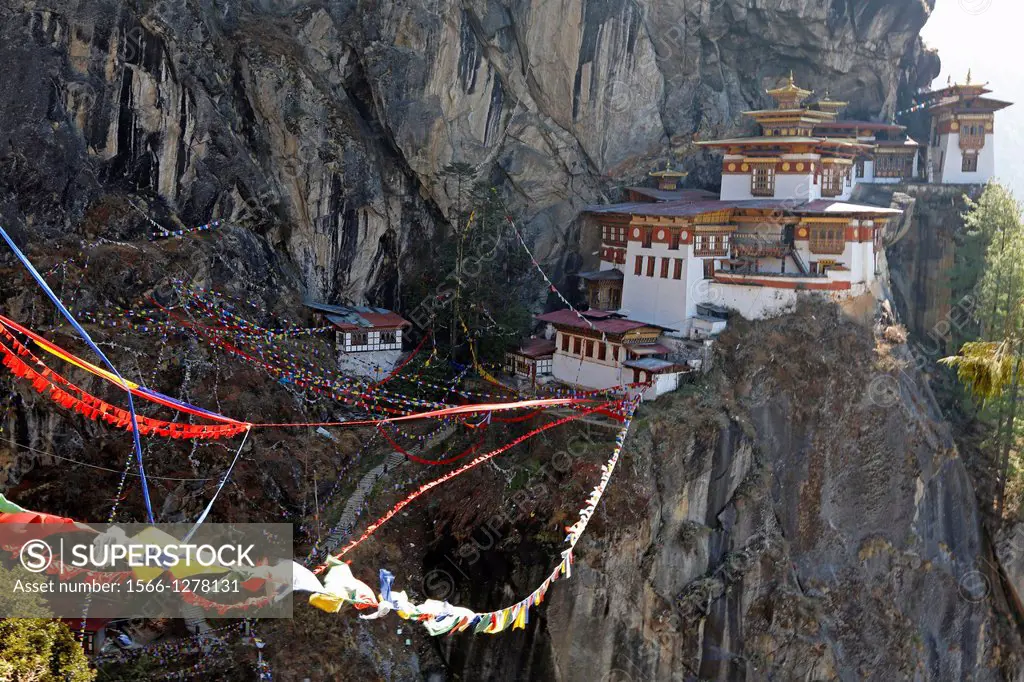 Bhutan (kingdom of), Paro county, Taktshang (the tiger den), monastery hanging spectacularly on a cliff, a most famous pilgrimage place since it was f...