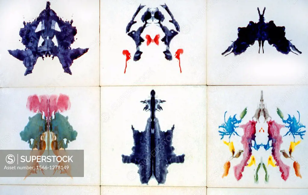 Rorschach inkblot test images. It is a psychological test in which subjects´ perceptions of inkblots are analyzed using psychological interpretation, ...