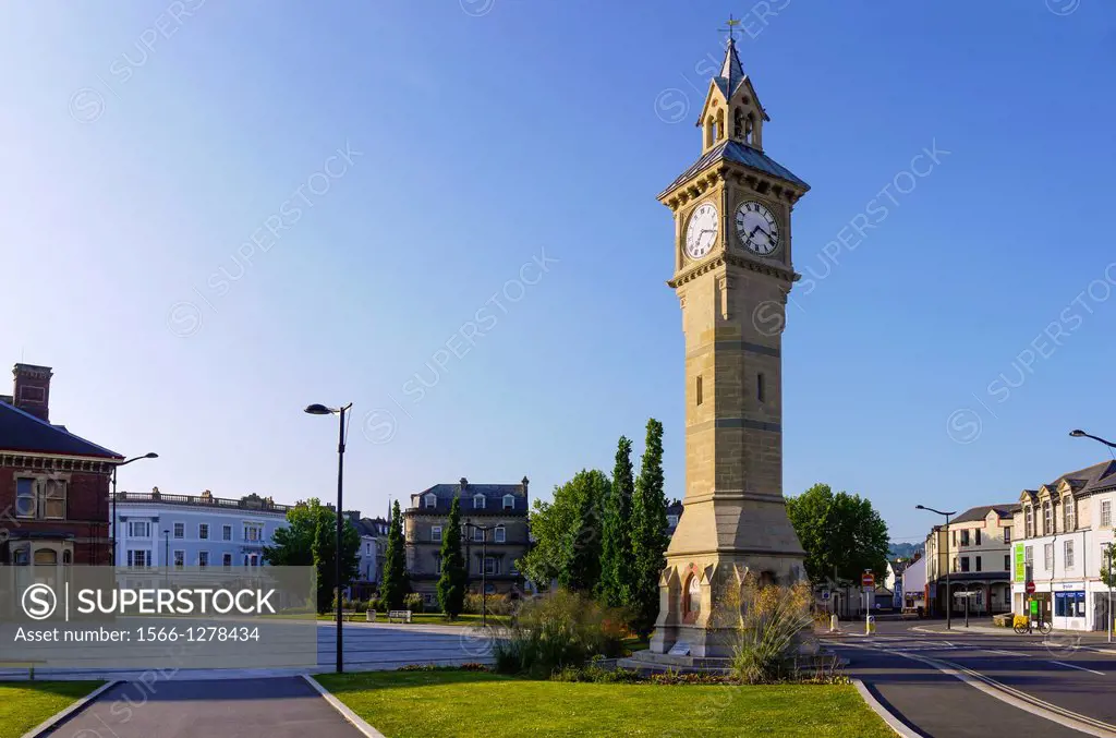 The Prince Albert memorial clock, also known as Four Faced Liar owing to four different times displayed on each clock face, Barnstaple, Devon, England...