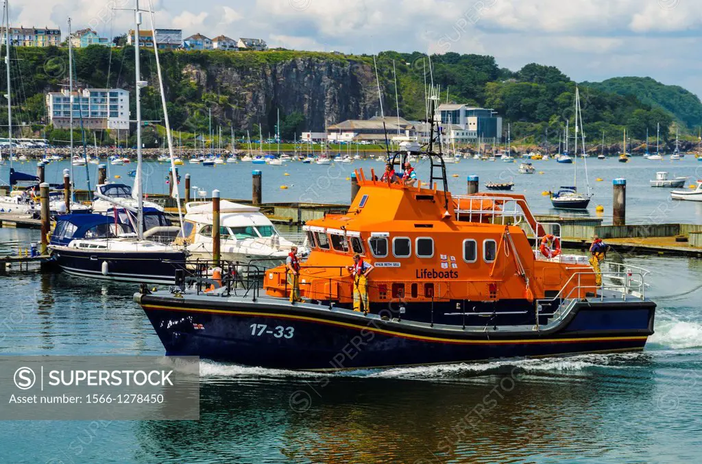 The lifeboat in Brixham Marina, Devon, England.