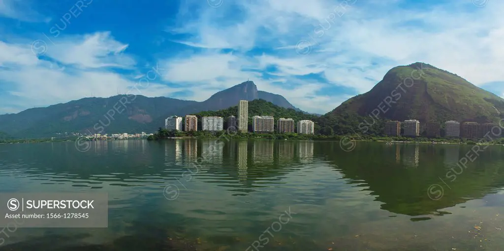 Buildings reflectiong in Lagoa Rodrigo de Freitas, Ipanema, Rio de Janeiro, Brazil.