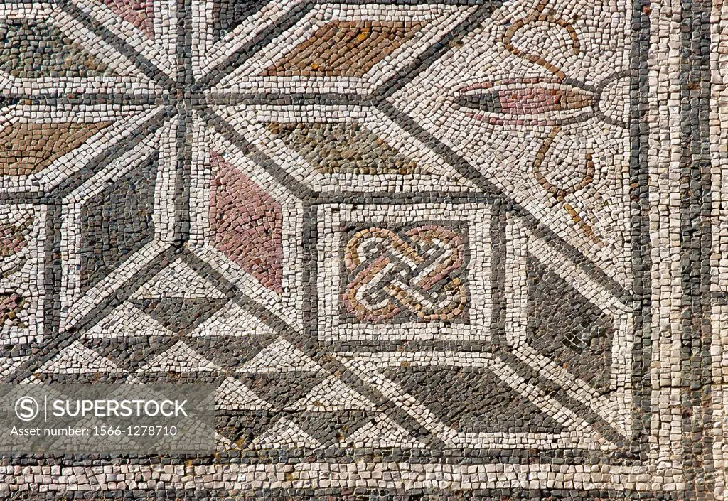 Mosaic floor, House of the Birds, Roman ruins of Italica -2nd century, Santiponce, Seville-province, Spain.