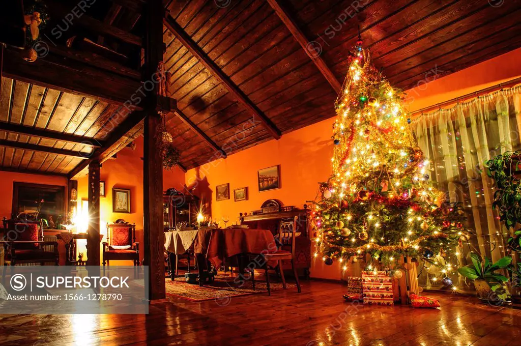 Decorated Christmas tree and dinner table in a wooden living room, Jelenia gora, Poland.