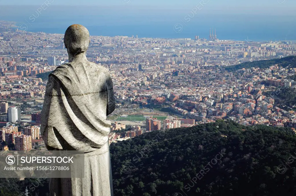 Stone statue at the Tibidabo Cathedral of Barcelona, Spain.