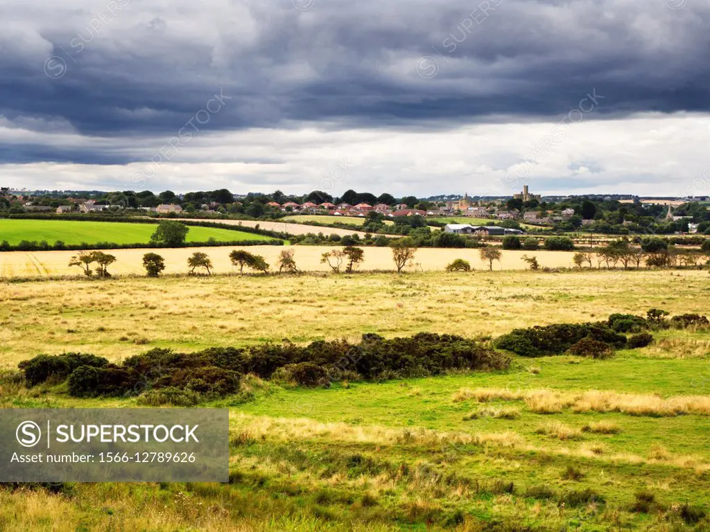 View Across Fields to Warkworth Castle from Amble by the Sea Northumberland England.