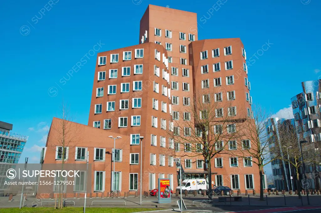 Neuer Zollhof buildings by F Gehry Medienhafen the Media Harbour area Dusseldorf city Germany Europe.