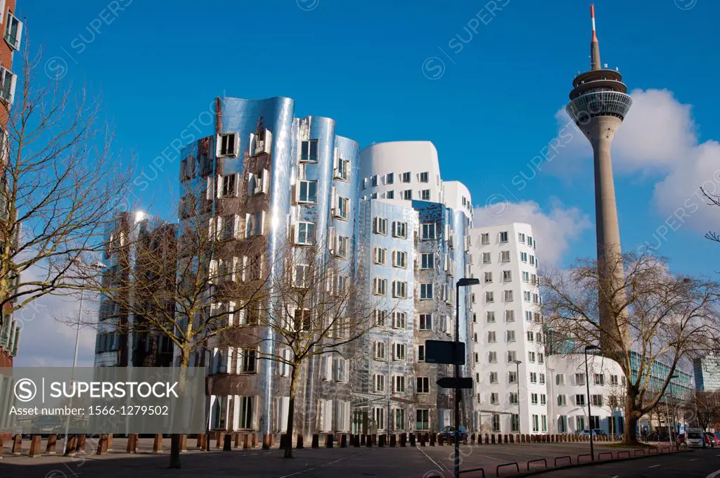 Neuer Zollhof buildings by F Gehry Medienhafen the Media Harbour area Dusseldorf city Germany Europe.
