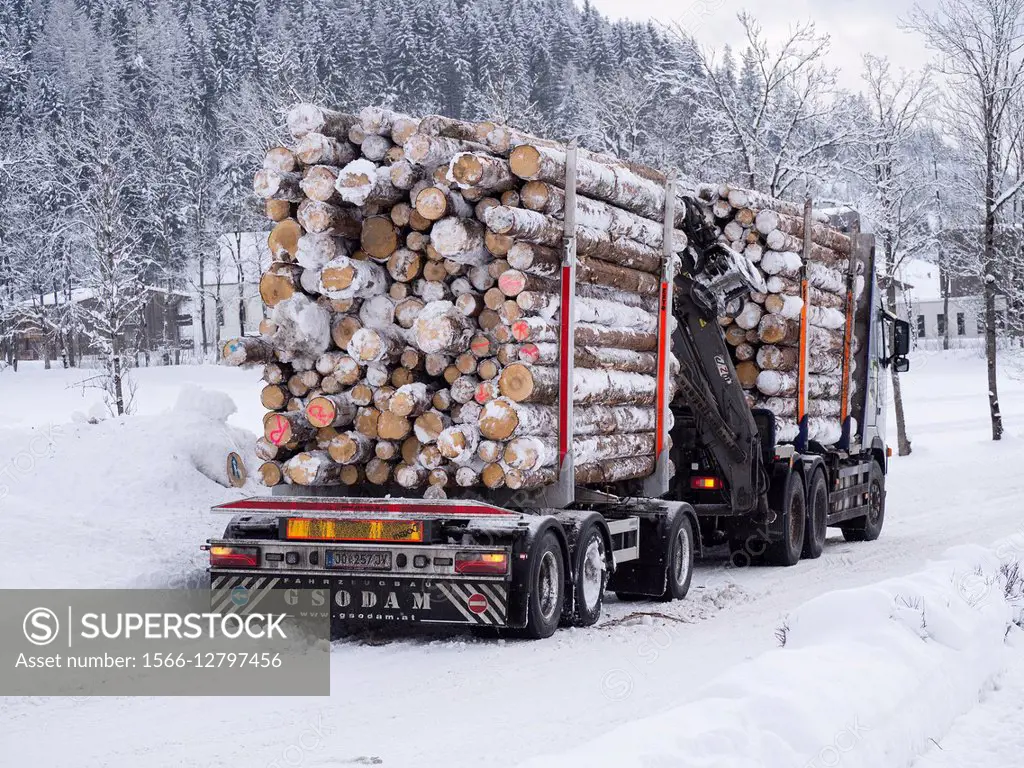 Truck transporting wood in winter, Werfenweng, Austria, Werfenweng.