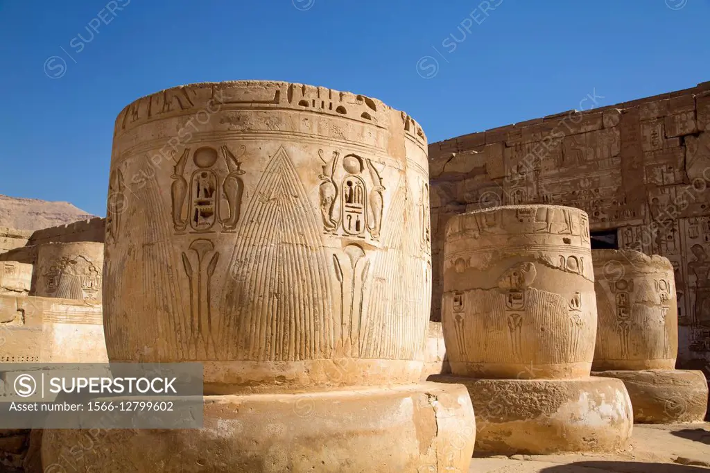 Columns in Hypostyle Hall, Medinet Habu (Mortuary Temple of Ramses III), West Bank, Luxor, Egypt  