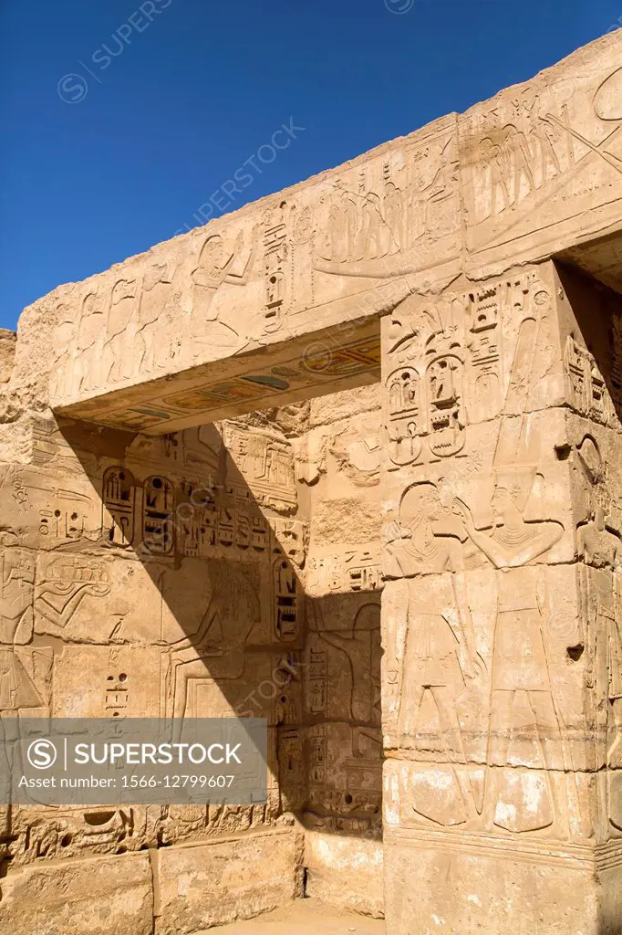 Bas Reliefs, Hypostyle Hall, Medinet Habu (Mortuary Temple of Ramses III), West Bank, Luxor, Egypt  