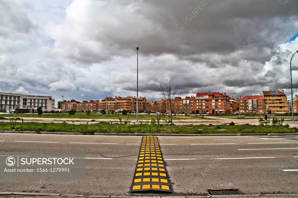Speed bump on road, Vallecas, Madrid, Spain.
