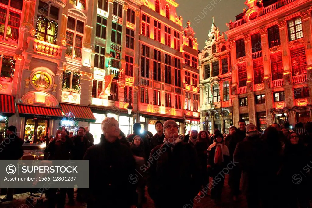 BRUSSELS BELGIUM-DECEMBER 5, 2014: Christmas illumination of Grand Place on December 5, 2014 in Brussels, Belgium. Grote markt is world heritage site.