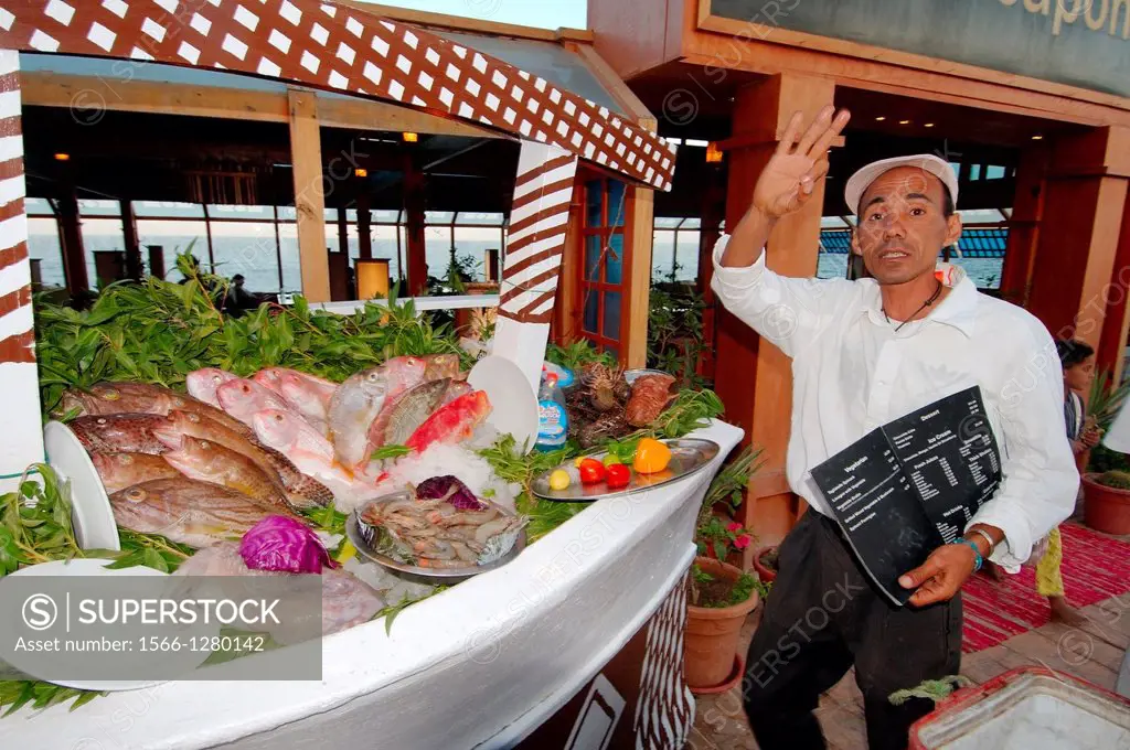 Fishmonger beckoning in a seafood restaurant, Dahab, Sinai Peninsula, Egypt.