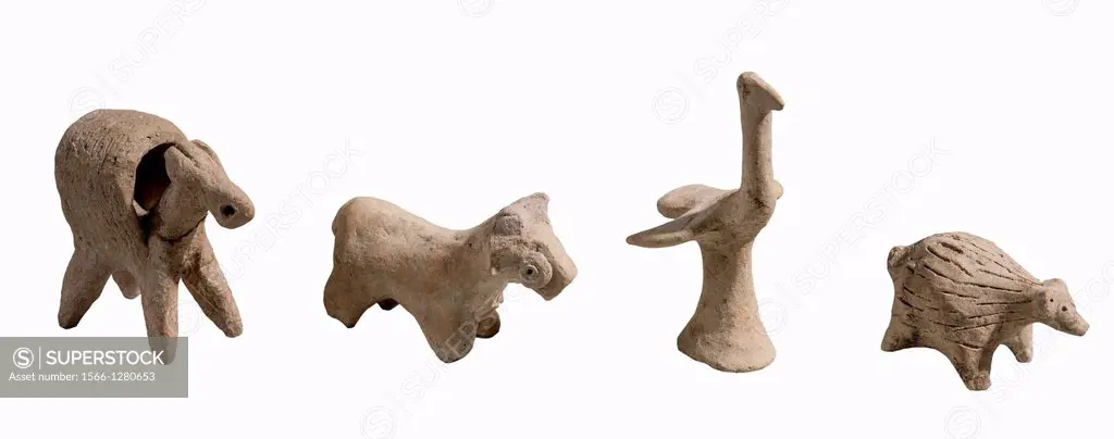 four Terracotta animal figurines 2000 BCE from left to right Donkey, Horse, bird and hedgehog.
