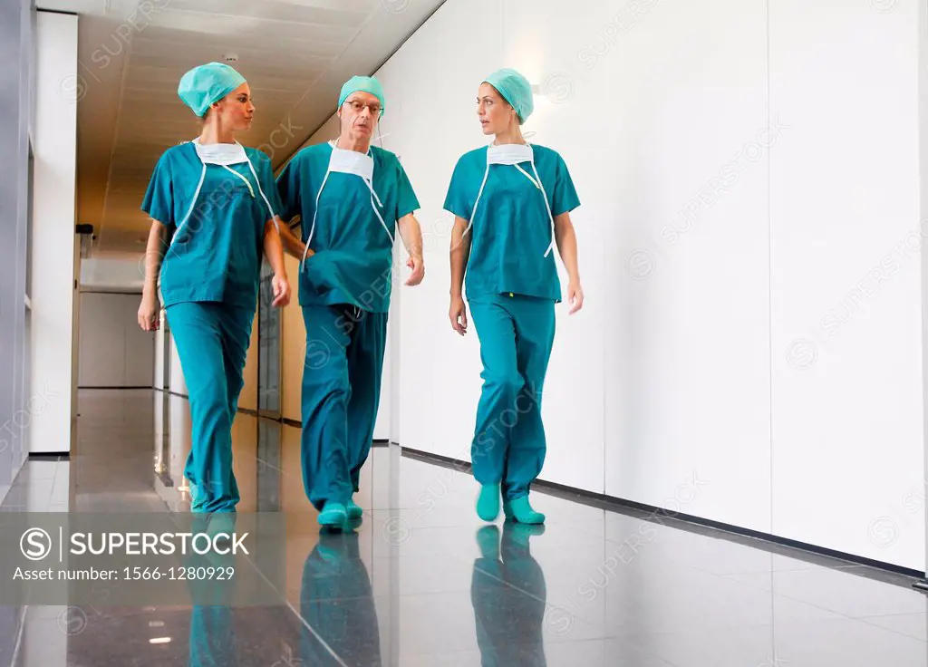surgeons walking in the operating room hallway, Onkologikoa Hospital, Oncology Institute, Case Center for prevention, diagnosis and treatment of cance...