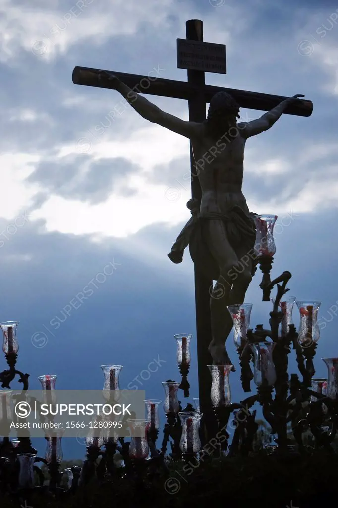 Figure of Jesus on the cross carved in wood by the sculptor Alvarez Duarte, Holy Christ of the Estudiantes, Linares, Jaen province, Spain.