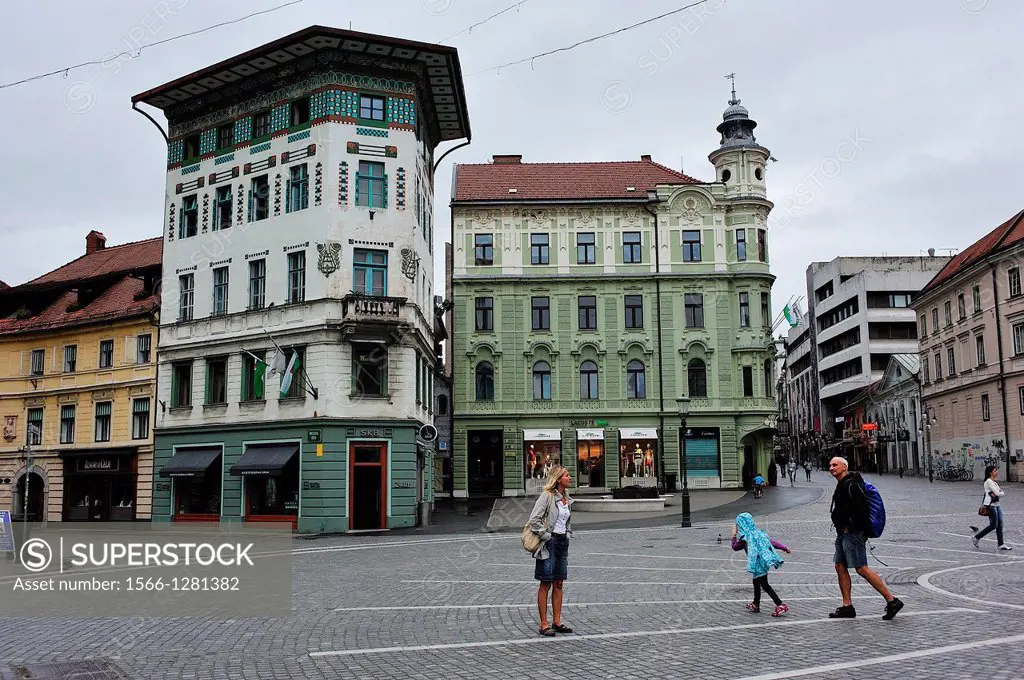 Square beside the river Ljubljanica. Ljubljana, Slovenia