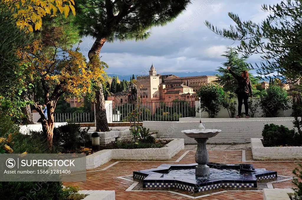 The Alhambra from the gardens of the New Mosque. Granada, Spain