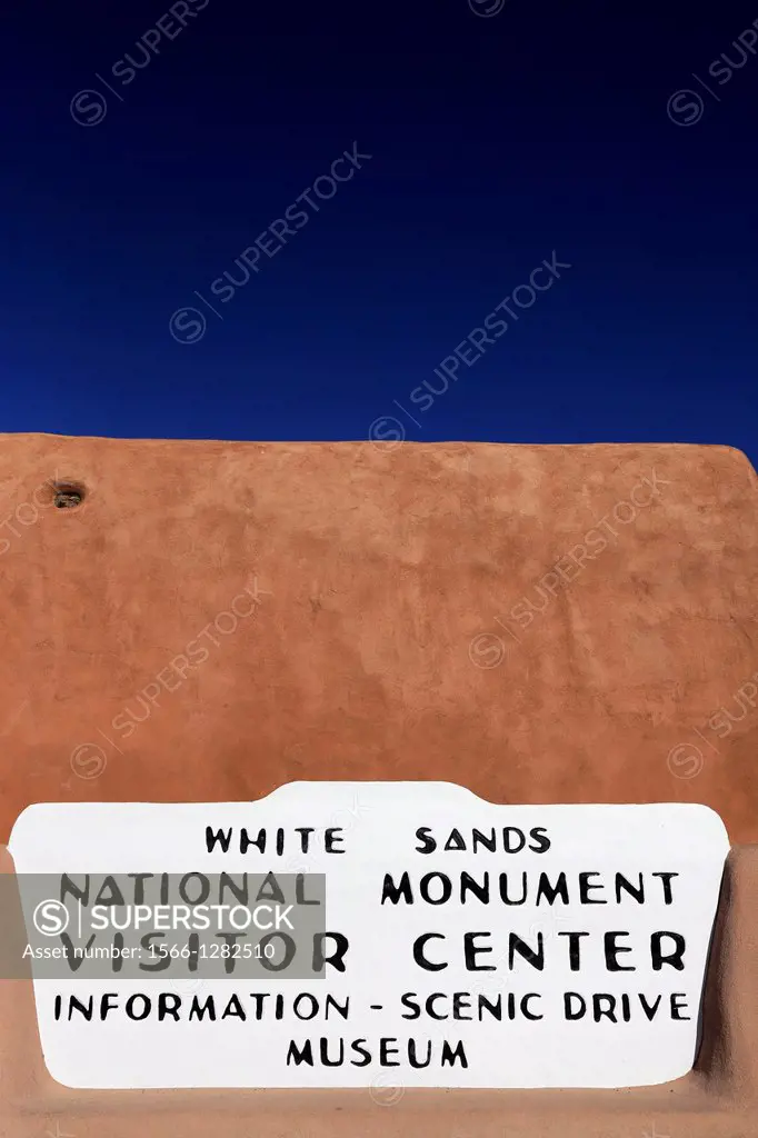 The sign of the visitor center of White Sands National Monument. Alamogordo. New Mexico. USA.