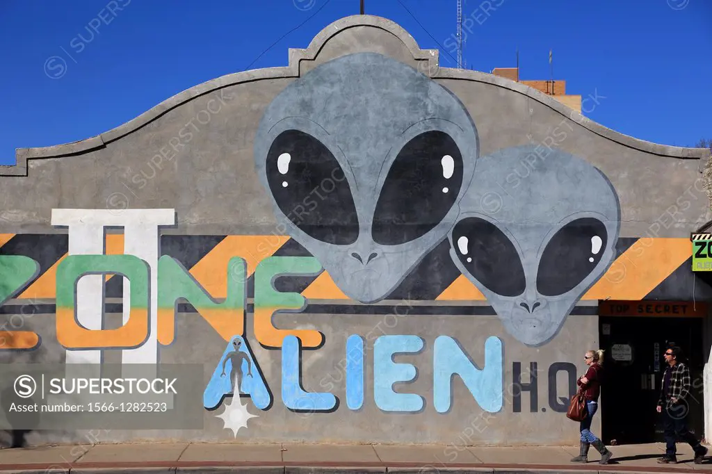 Alien image on the wall of local bar. Roswell. New Mexico. USA