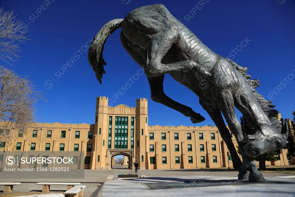 A jumping horse statue in front of New Mexico Military Institute. Roswell. New Mexico. USA.