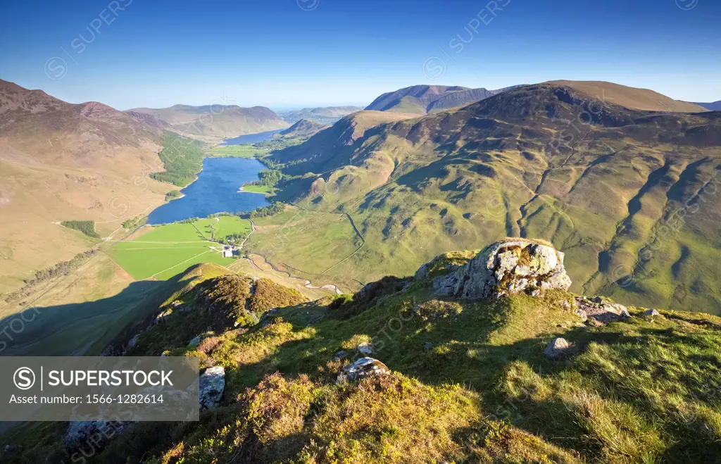 Lake Buttermere at Sunrise from the summit of Fleetwith Pike in the Lake District, England, UK.