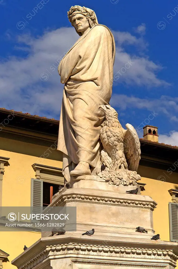 Florence (Italy). Detail of the sculpture of Dante next to the church Santa Croce in Florence.