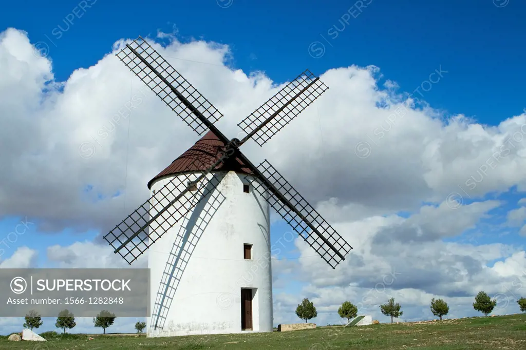 Typical windmill in Mota del Cuervo, in the Route of Don Qiuijote, Cuenca province, Castilla-La Mancha, Spain.