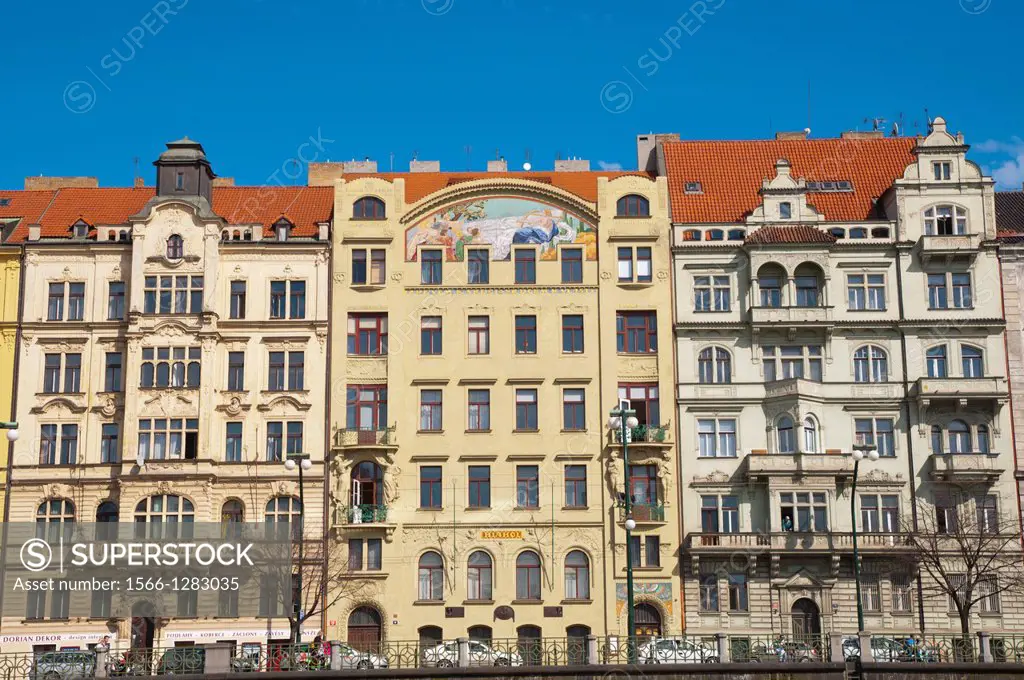 House facades Masarykovo Nabrezi riverside street Nove Mesto new town Prague Czech Republic Europe.