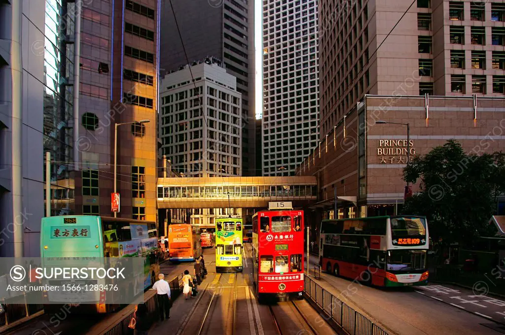 Double deck tramways and buses at Central Hong Kong, China