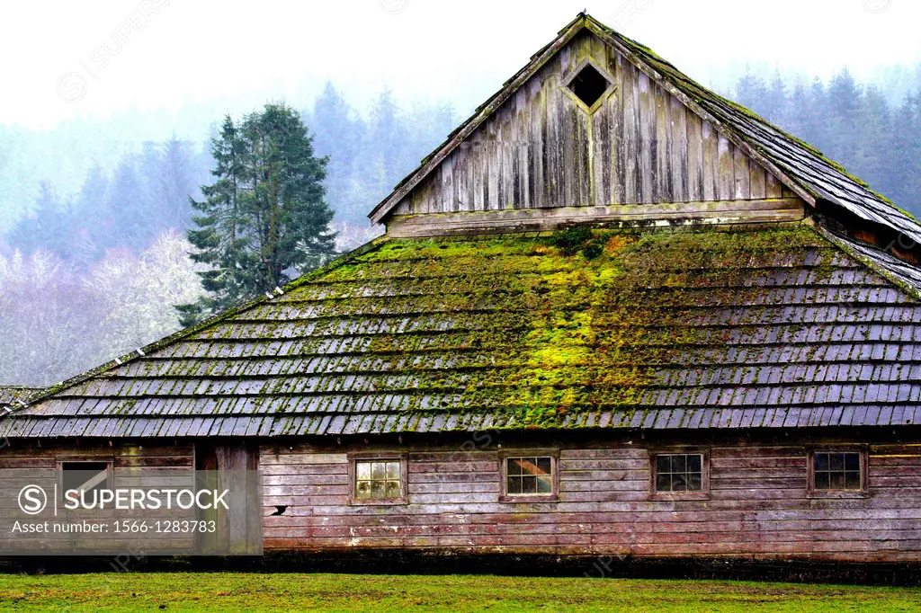 An old barn gathers moss on a farm along the California Coastline.
