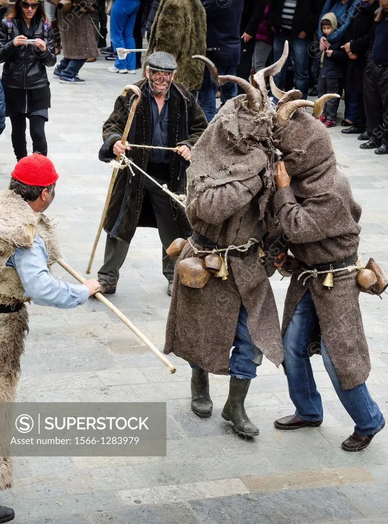 Villagers dressed as goats and goatherds take part in a Pagan, rights of spring, festival held in the village of Nedousa in the Taygetos mountains, Me...