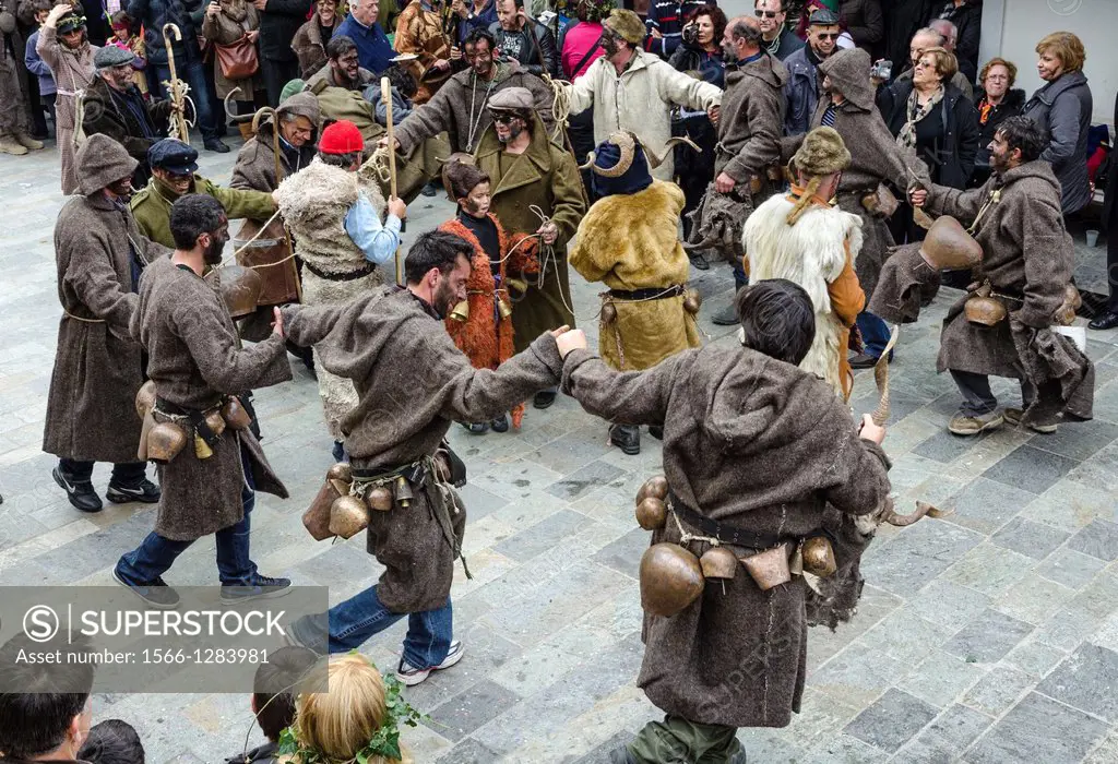 Villagers dressed as goatherds dancing at a Pagan, rights of spring, festival held in the village of Nedousa in the Taygetos mountains, Messinia, Pelo...