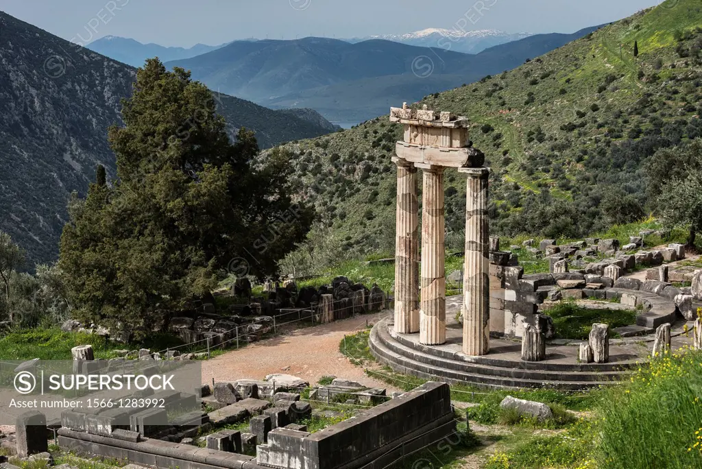 The circular Tholos at the Temple of Athena Pronaia, Ancient Delphi, Thessaly, Greece.