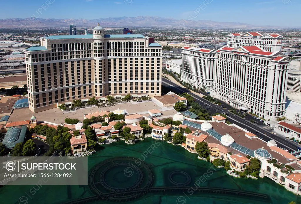 The Bellagio Hotel and the Caesars Palace Hotel, Las Vegas.